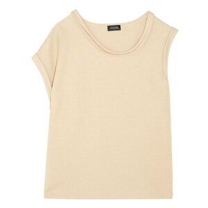 Atlein Shirt Women 4 Tan Beige Knit Sleeveless‎ Asymmetric Neckline Tee